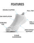 White cloudfusion sock with labeled features on a white background