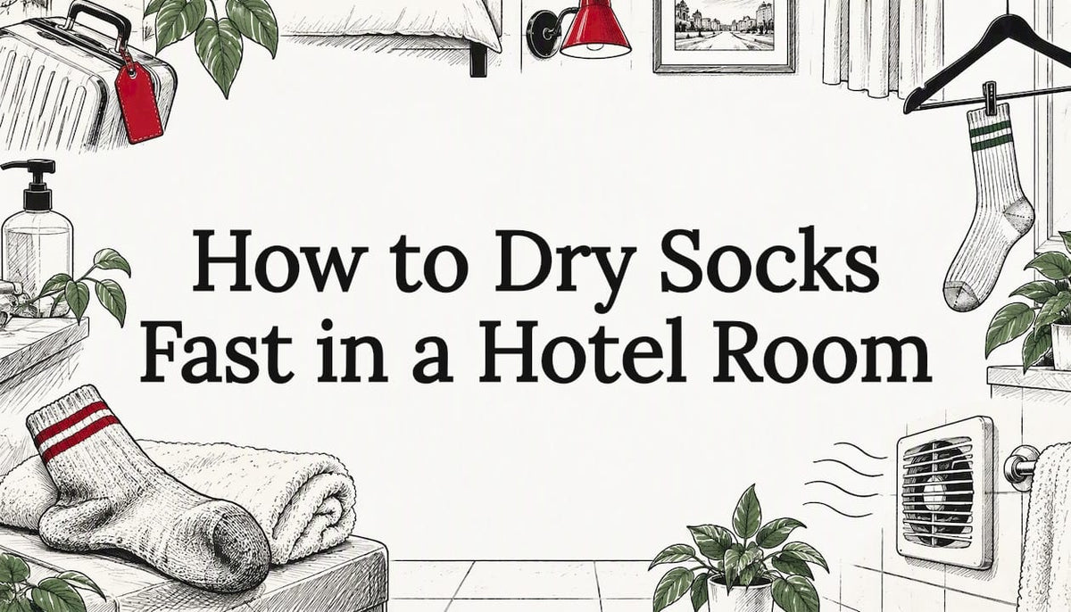 Hand-drawn hotel sock-drying title card