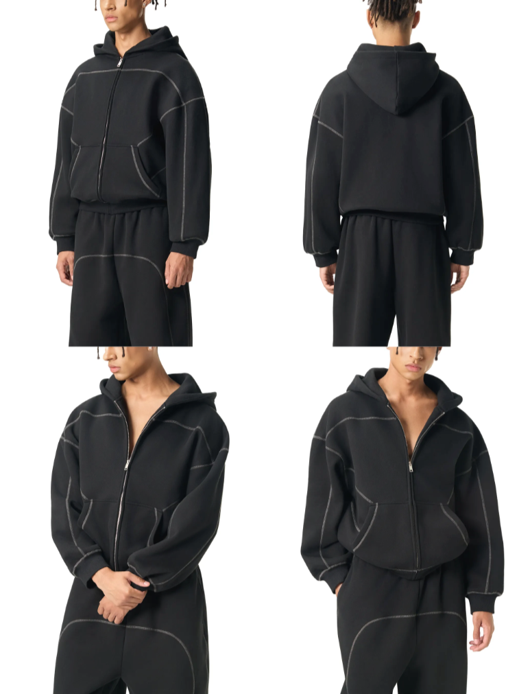 Black fleece tracksuit shown from front, back, and side views on a white background.