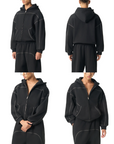 Black fleece tracksuit shown from front, back, and side views on a white background.